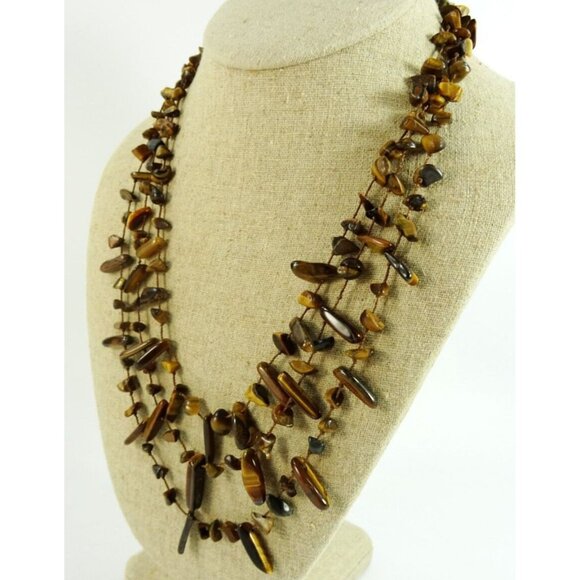 Multi-Strand Tigereye Necklace Triple-Strand Tigerseye Brown Stone 20" - Picture 3 of 6